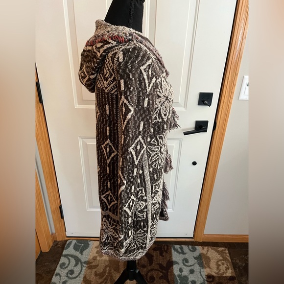 Free People Kai Brown boho hooded tassel floral open front cardigan duster.Small - Picture 4 of 16